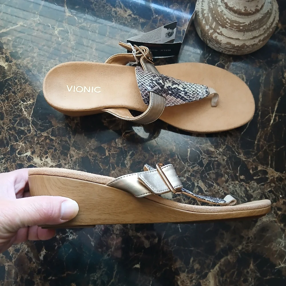 Vionic Women's Metallic Gold Snake-Print Thong Sandals